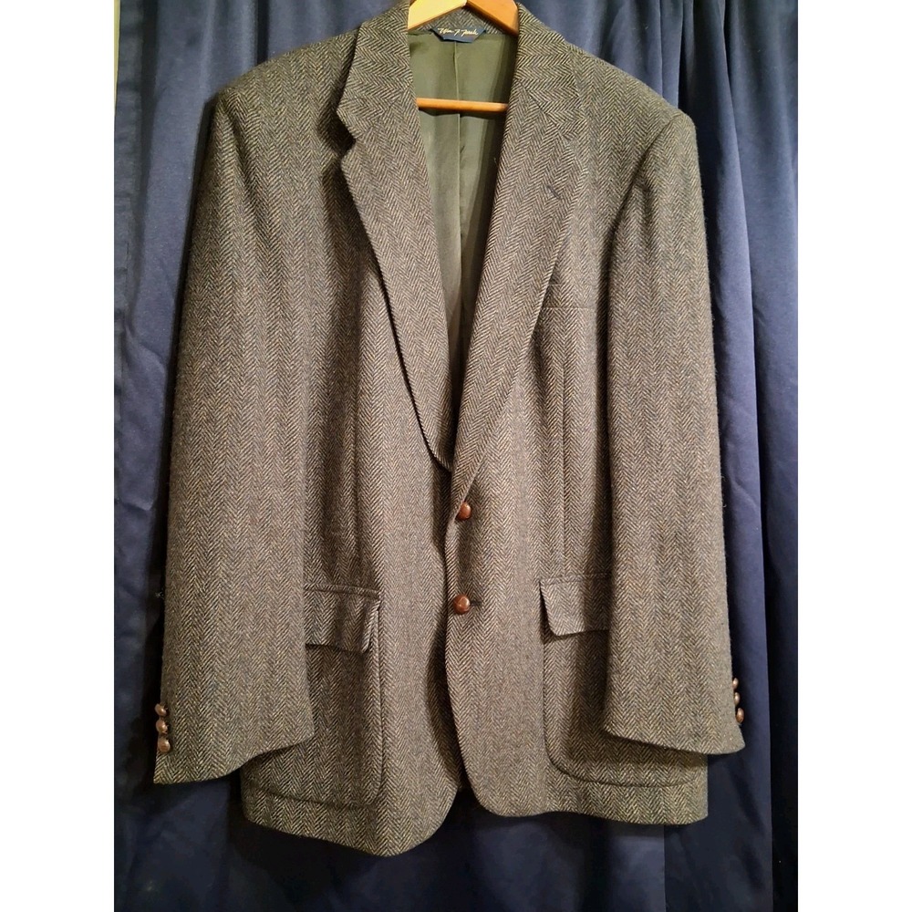 Dark Academia Mens Tweed Herringbone‎ Pure Wool Blazer 38 Cut Tag Blue Gray